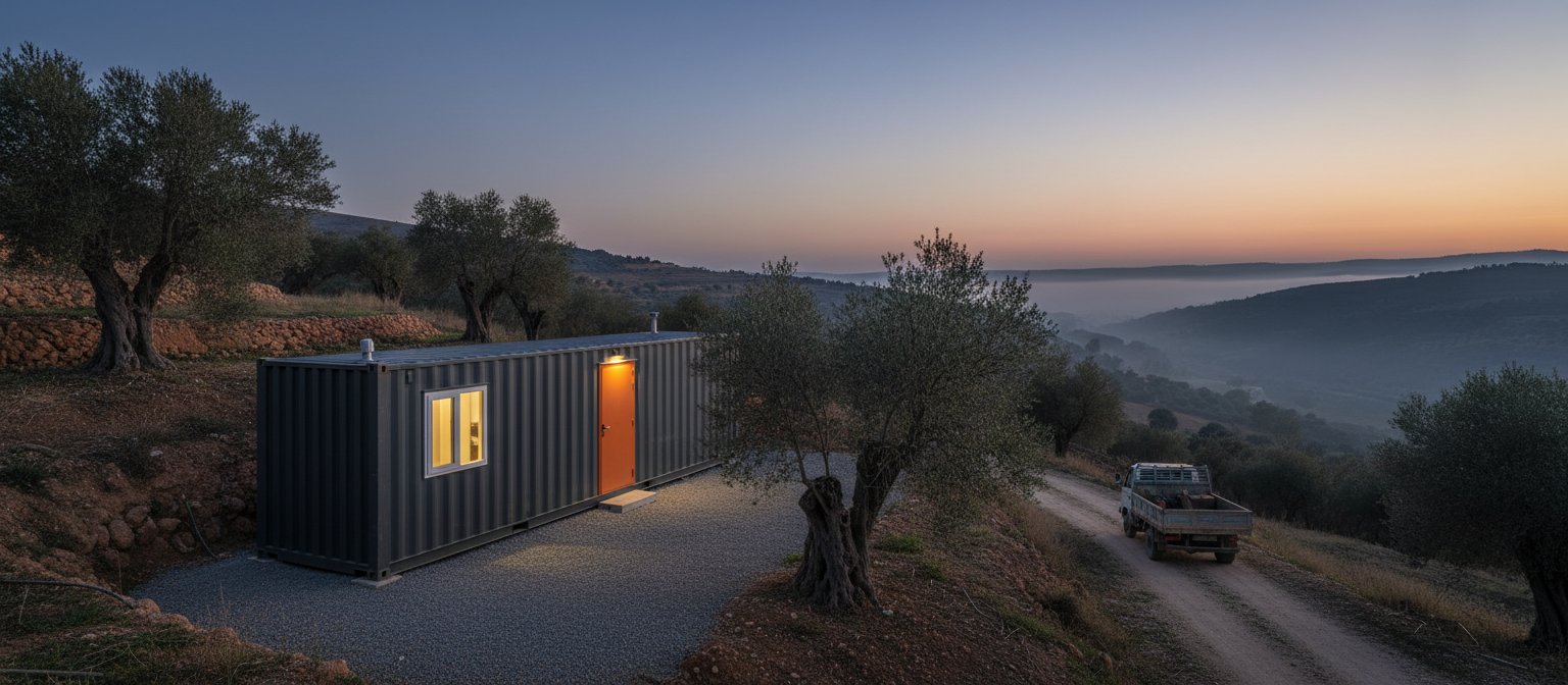 A dark container house with a lit doorway among olive trees on a hillside at dusk, a valley in mist below