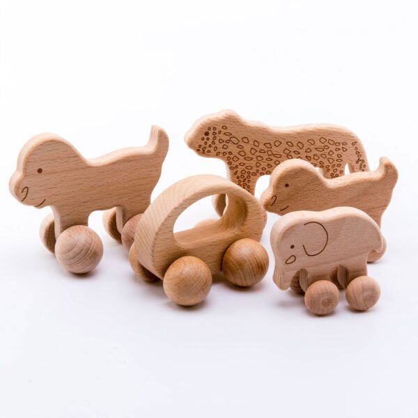 Wooden animal pull-along toys: a lion, a cheetah, an elephant and a car