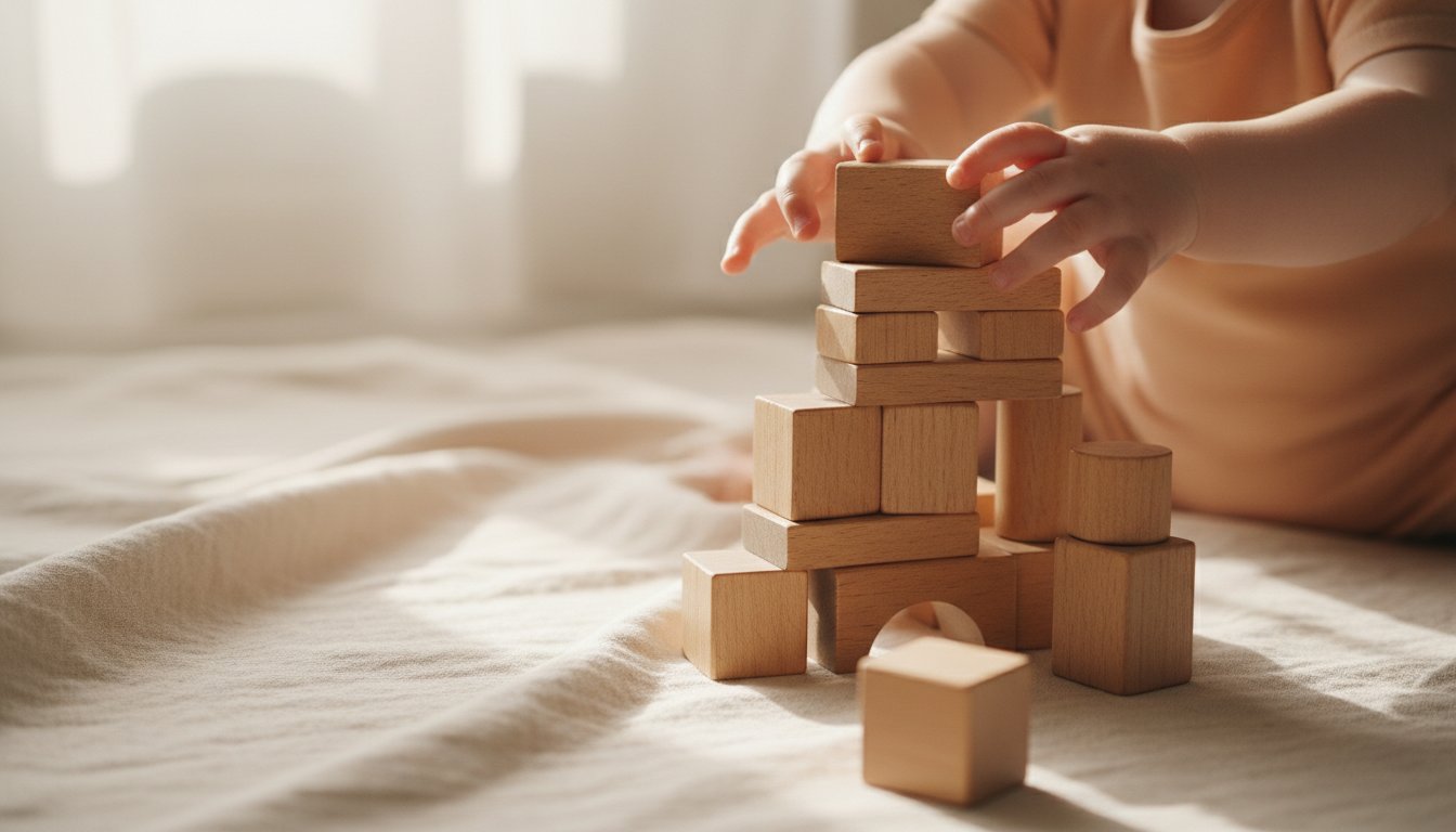 A toddler's hands stacking plain wooden blocks on a soft blanket