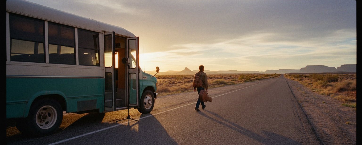 A musician carrying a guitar walks away from the parked bus at sunset