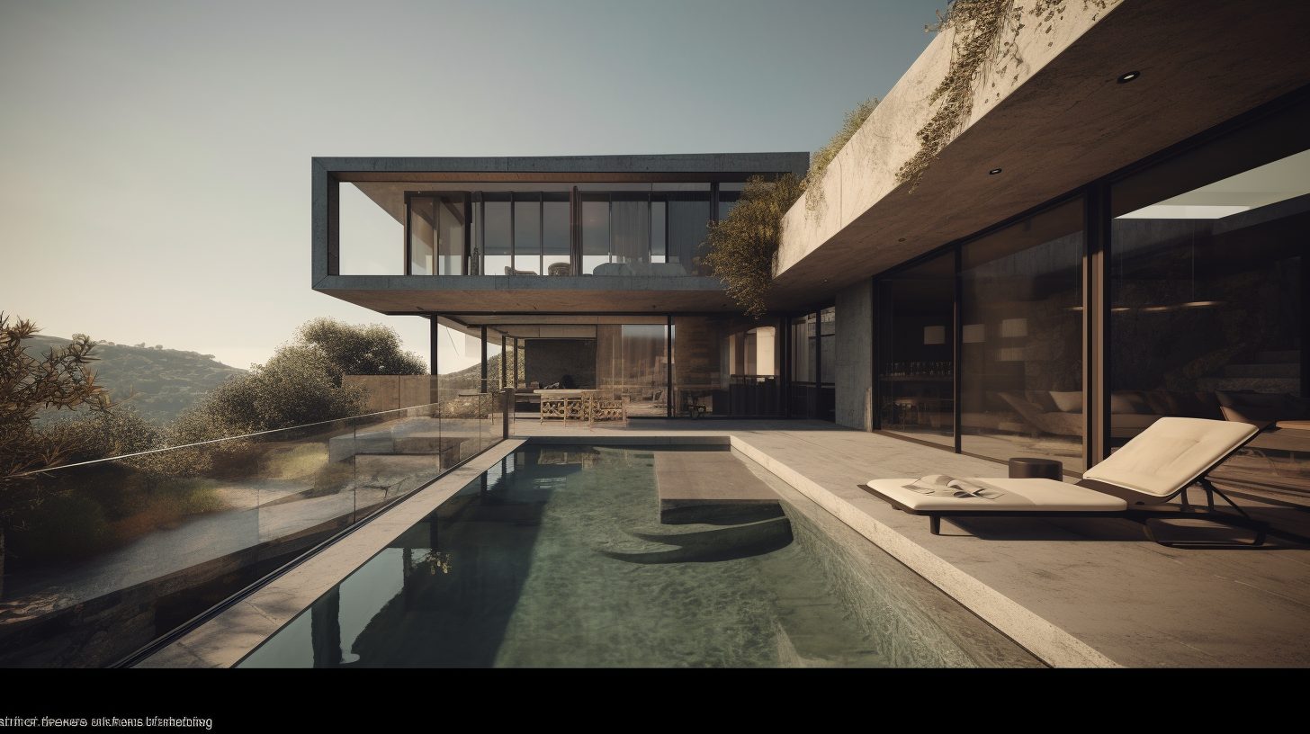 A contemporary house with a long pool on the Carmel at golden hour