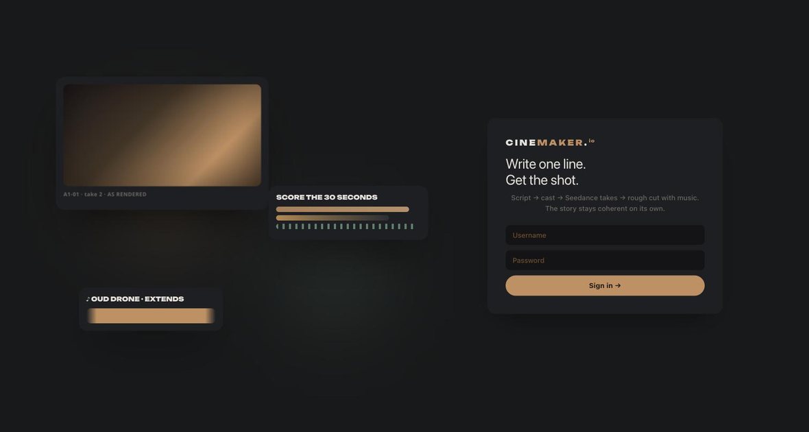 The cinemaker.io sign-in screen: “Write one line. Get the shot.” beside floating cards for a rendered scene, a 30-second score and a drone shot