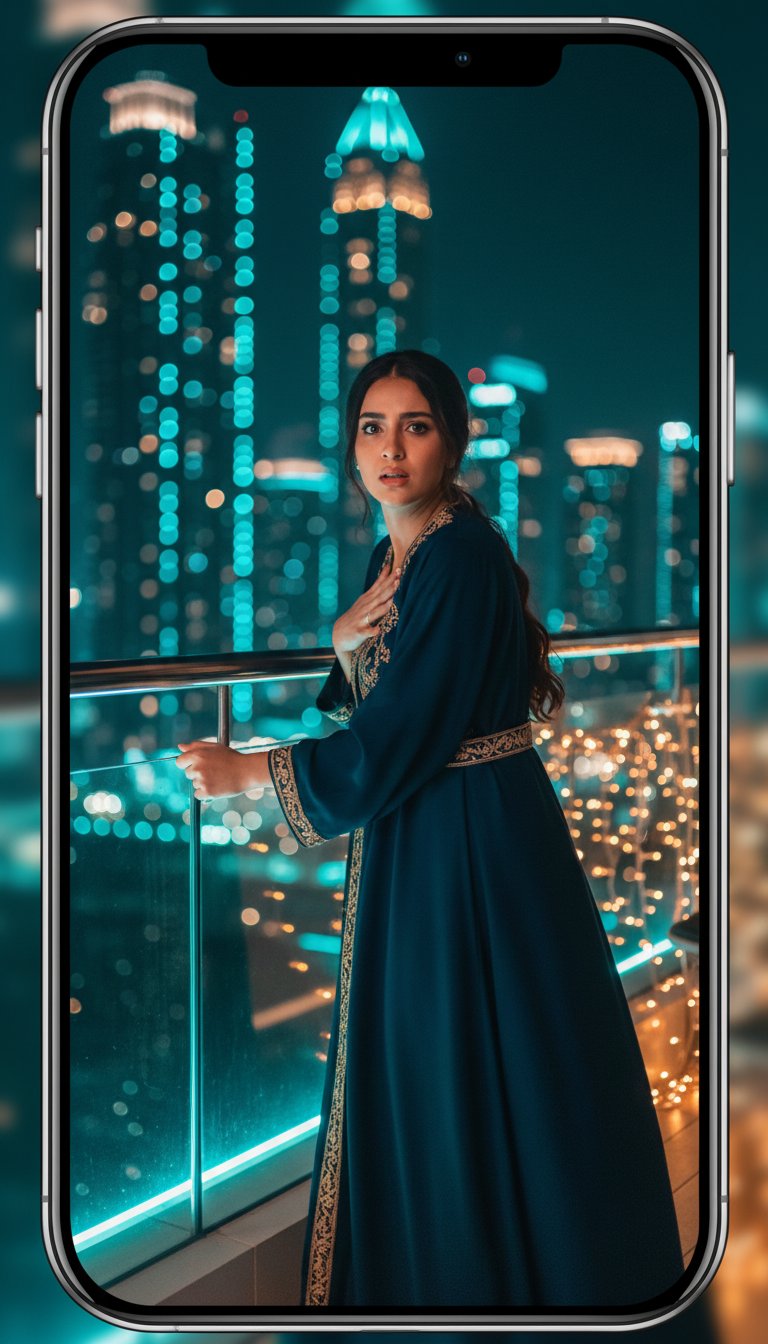 Frame from The Heir of Jumeirah: Layla on a Dubai balcony at night