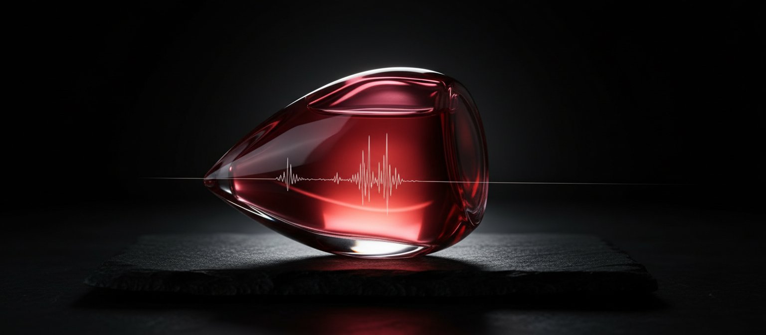 A red glass perfume bottle resting on slate, a sound waveform running through the liquid