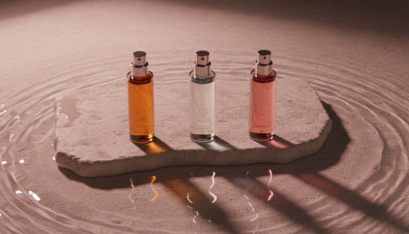 Three slim perfume bottles, amber, clear and rose, standing on a stone in rippling water
