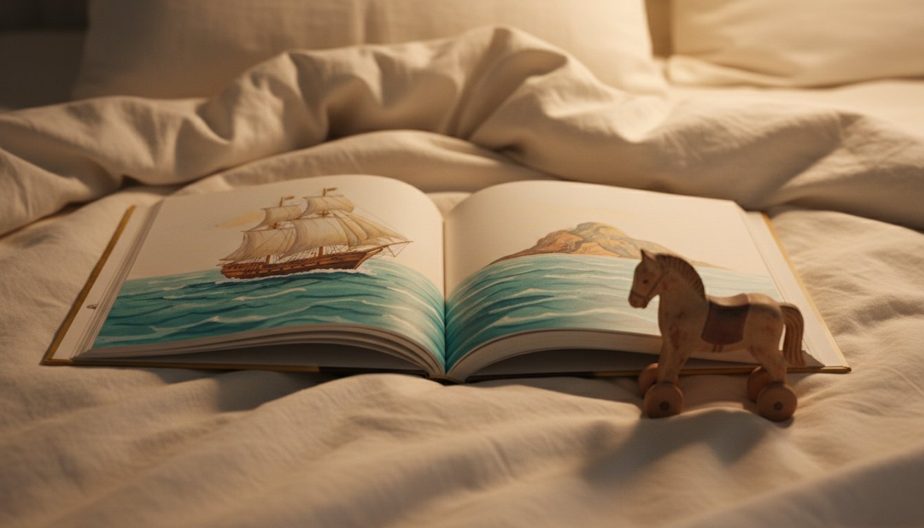 An open picture book and a small wooden horse on a bed in warm evening light