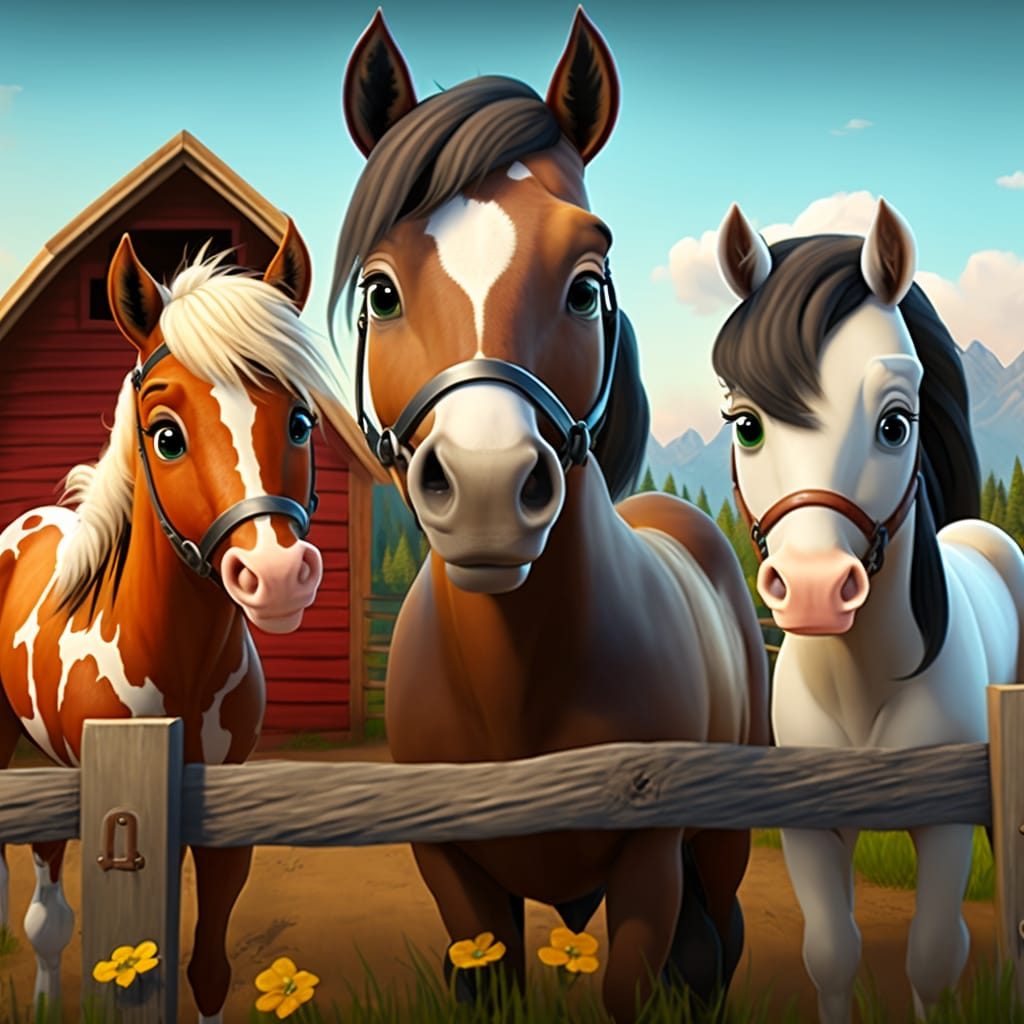 Three horses at the fence by the barn