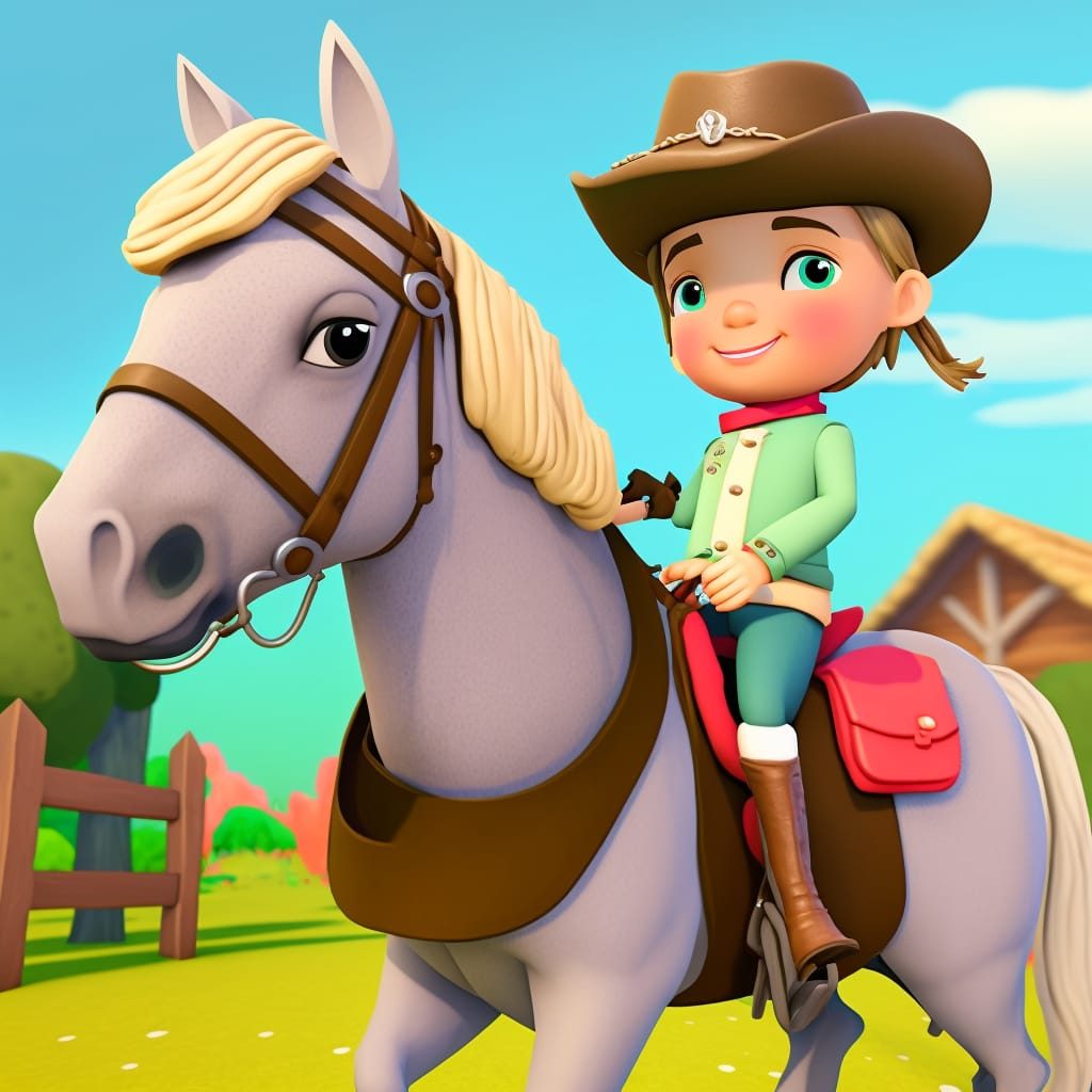 A girl in a cowboy hat rides a white pony