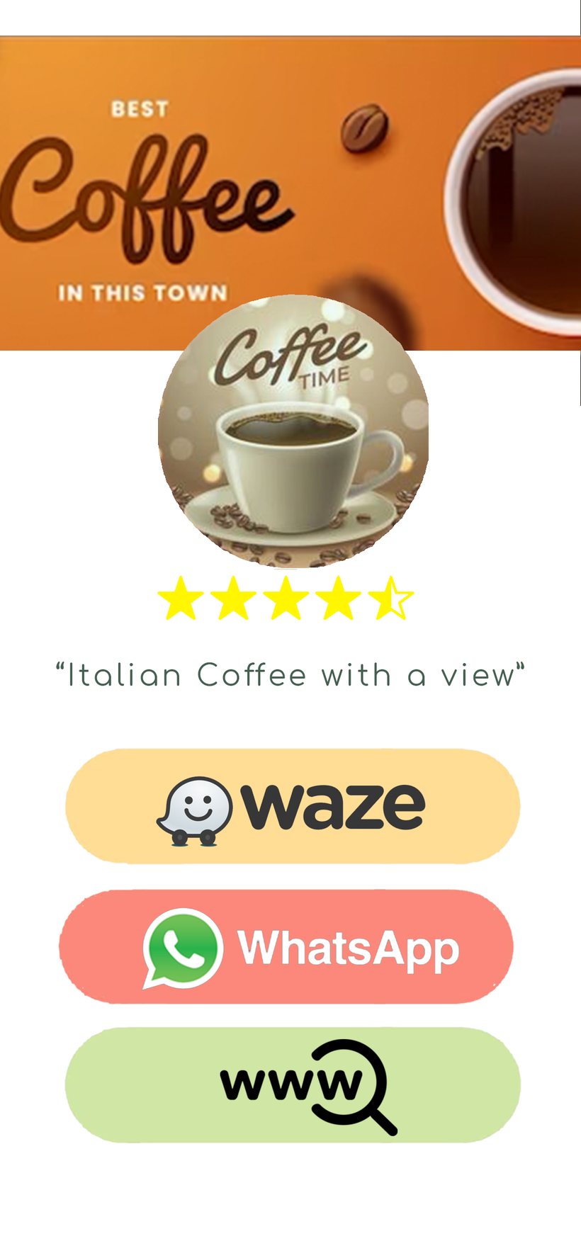 A Makan business page: café banner, logo, star rating, and Waze, WhatsApp and website buttons
