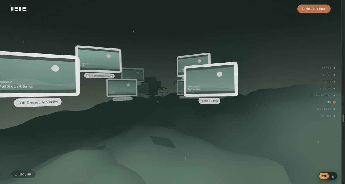 The MEWE world: floating screens for shows, series and feature films above a dark green valley