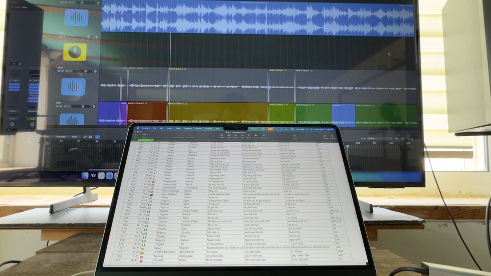 The recording session: 521 language stems on one timeline beside the master list