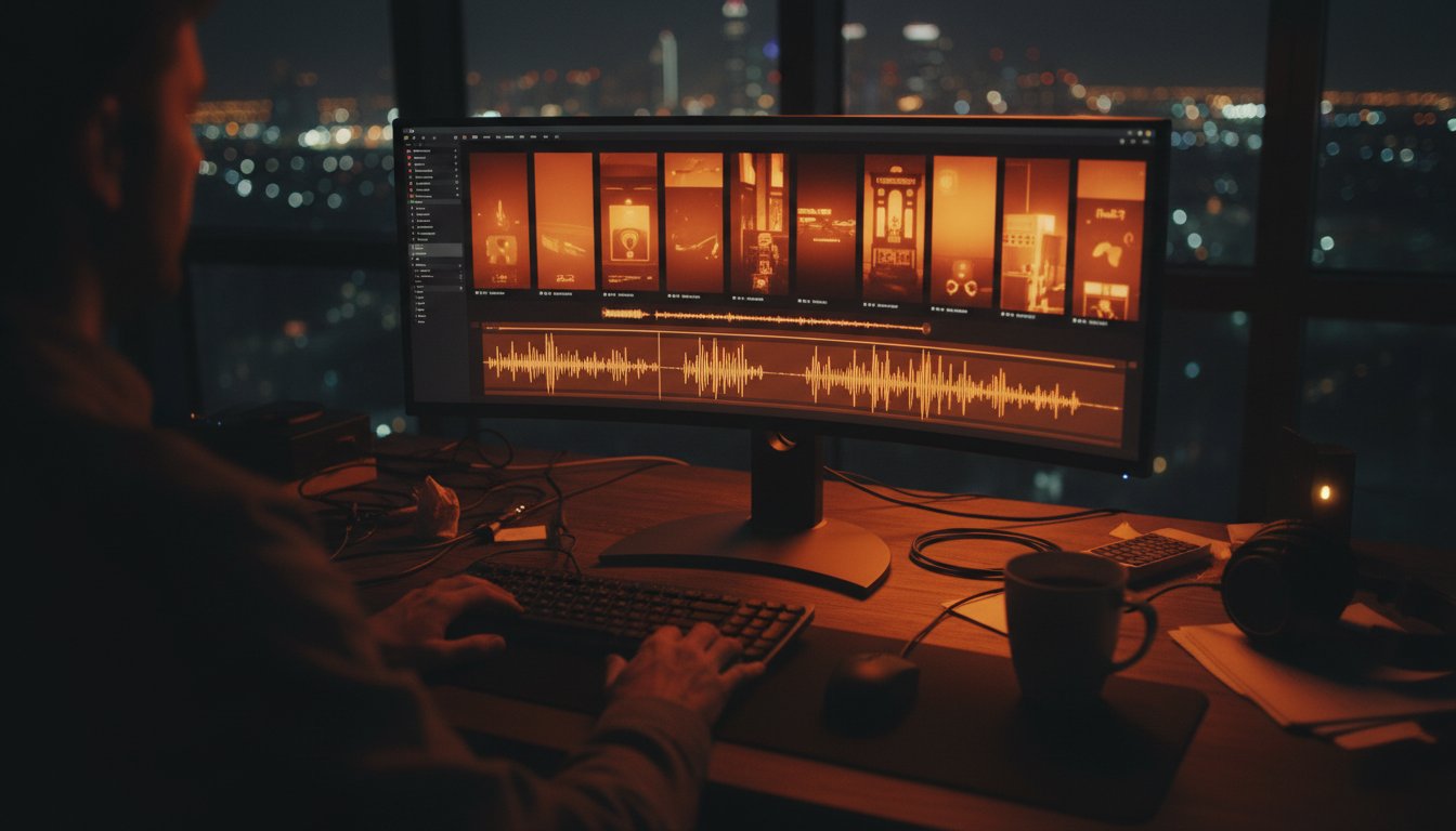 A producer at night in front of a wide monitor showing a strip of orange-toned clips above a soundtrack waveform