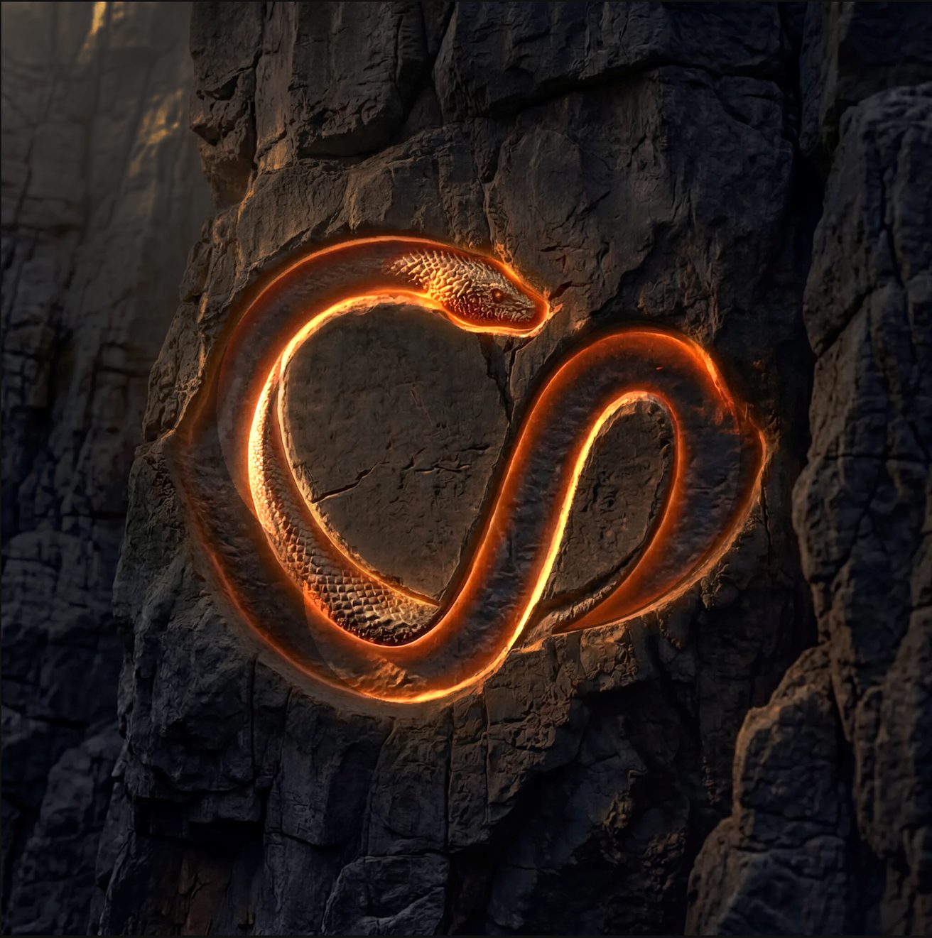 The SAGAS serpent emblem carved into a cliff face, glowing amber
