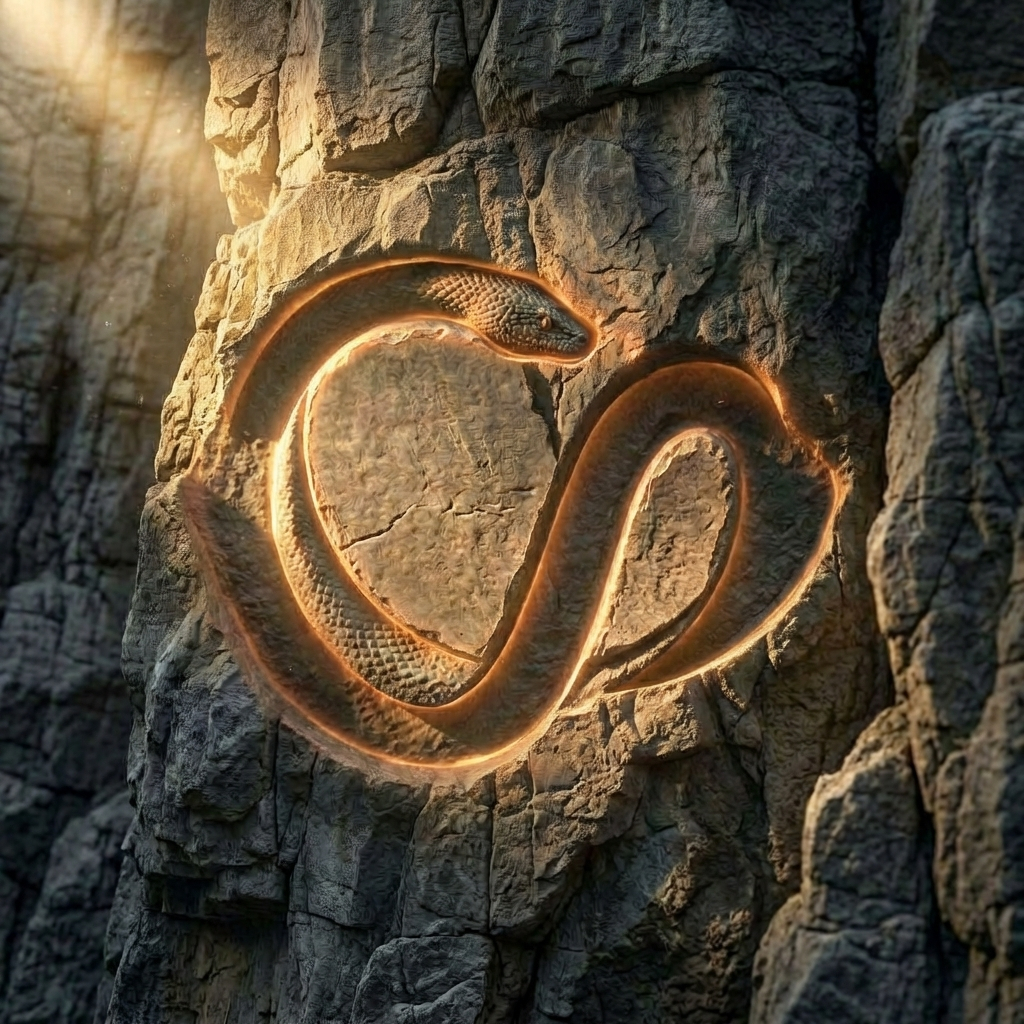 The SAGAS serpent emblem cut into sunlit rock