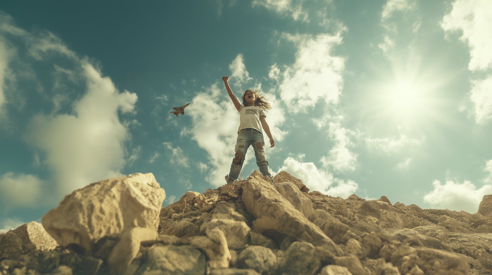 A girl on a rocky hilltop, one arm lifted to a bright sky, wearing a WatanWear wave tee