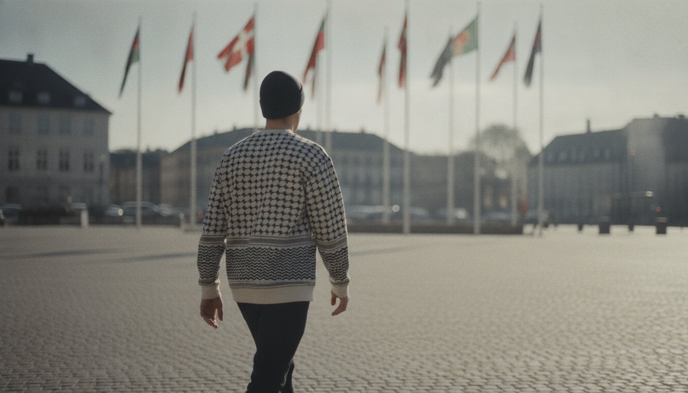 A man in a kuffiyeh-knit sweater walking across a square lined with national flags