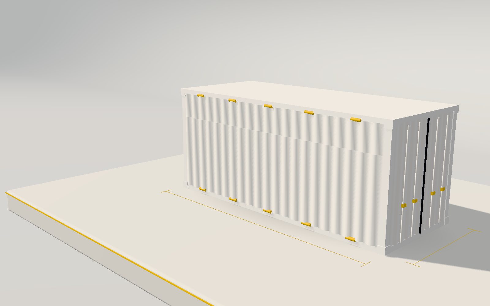 A clay-white 20 ft container with yellow hinges, closed, on a studio plinth
