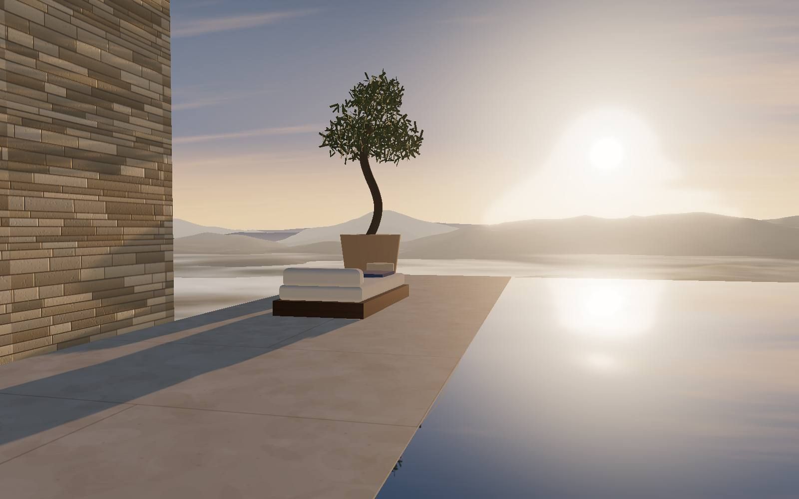 An infinity pool on the Carmel ridge at golden hour, running out to a valley full of mist