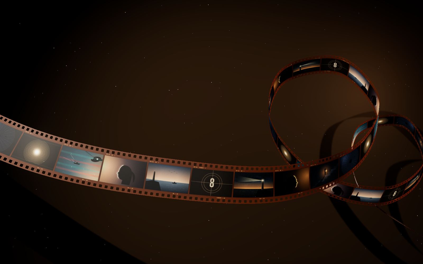 A strip of 35mm film curling through a dark studio, its frames lit amber, sprocket holes casting light on the wall behind