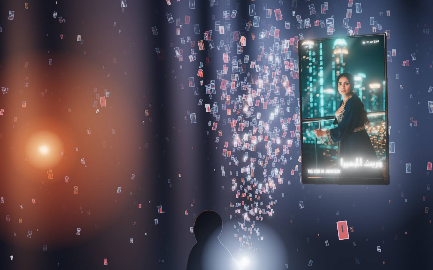 A dark room where thousands of small vertical screens drift up like embers and one episode glows forward