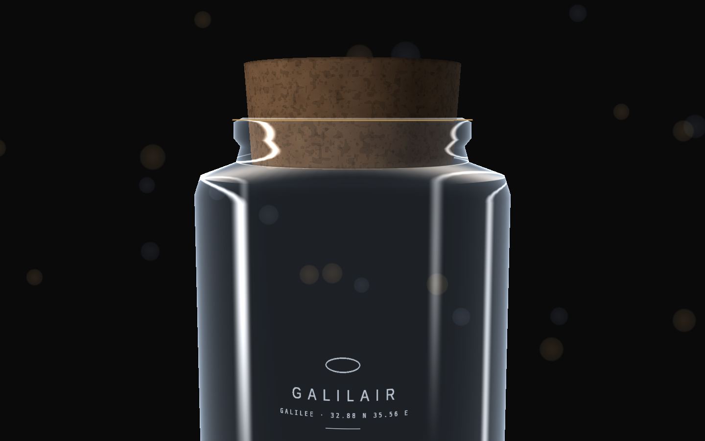 A glass vessel with a cork, labelled GALILAIR, Galilee, 32.88 N 35.56 E