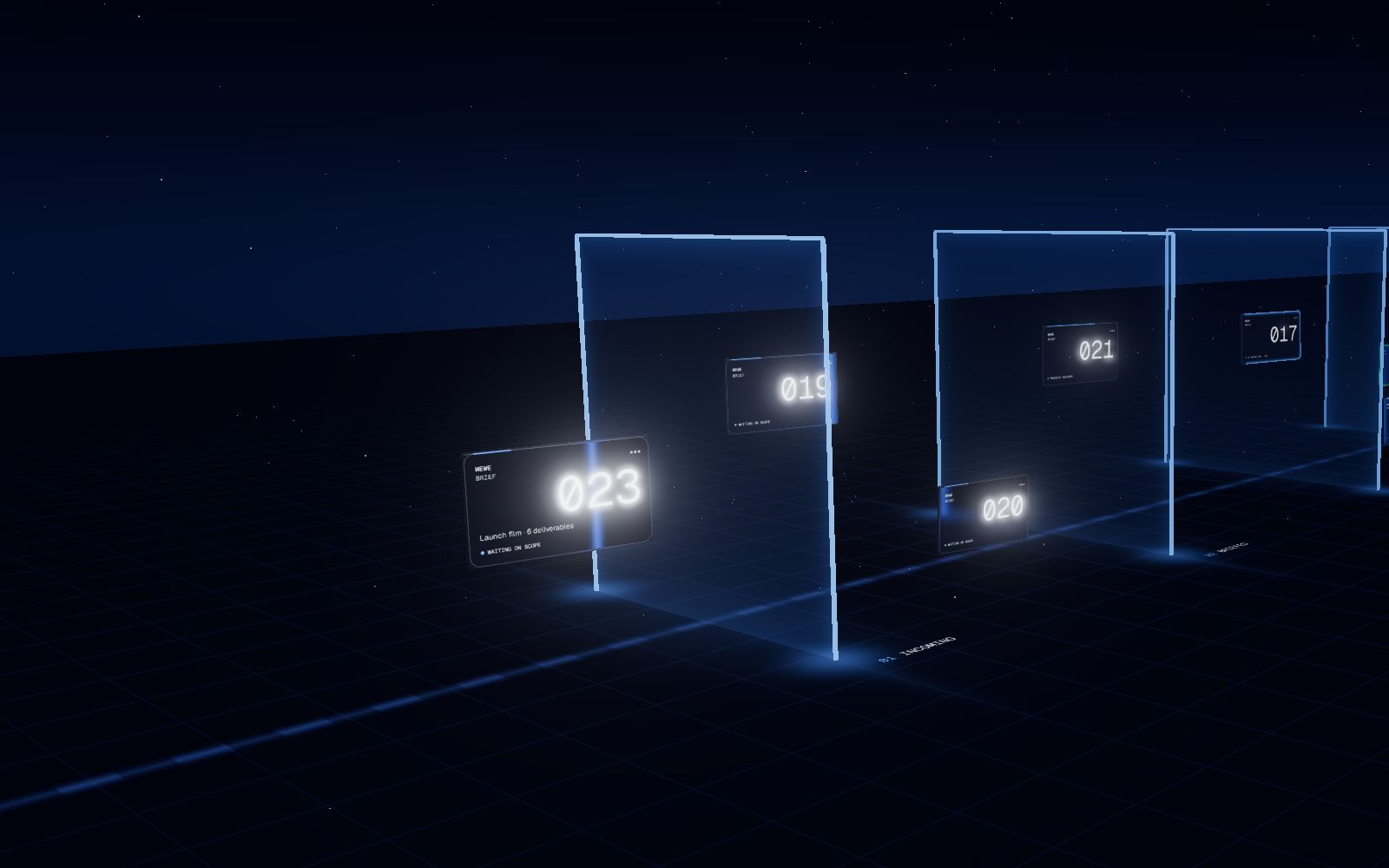 Frosted-glass tickets drifting through glowing blue column gates in a midnight-blue space
