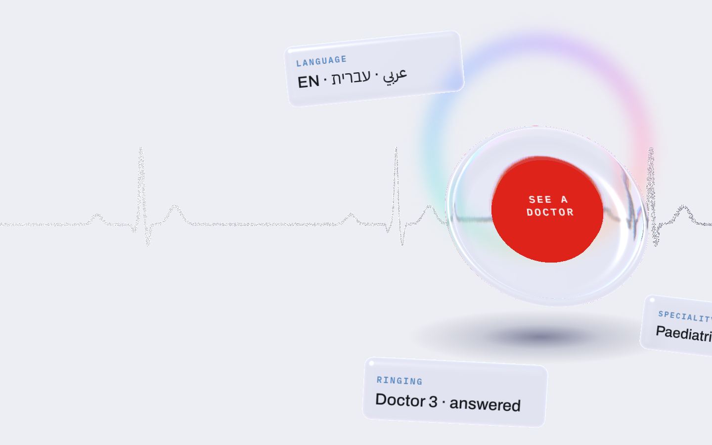 The red 'See a doctor' button in a glass ring, with language and speciality chips