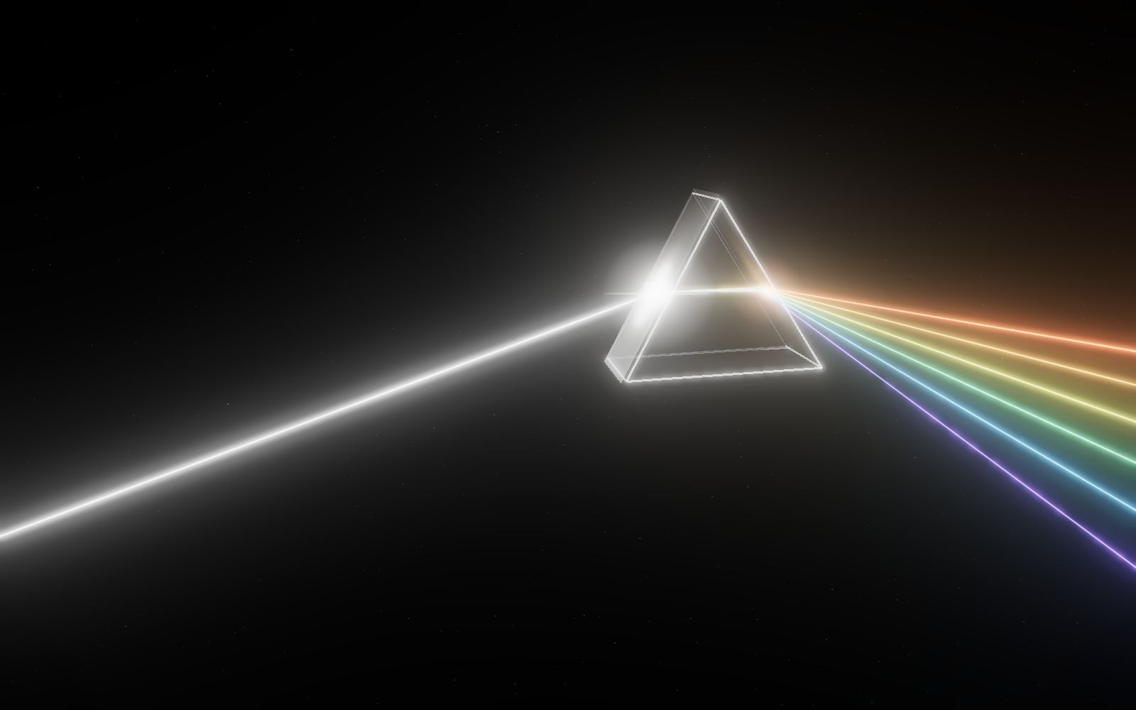 A white beam of light enters a glass prism and fans out into six coloured rays, orange in the lead