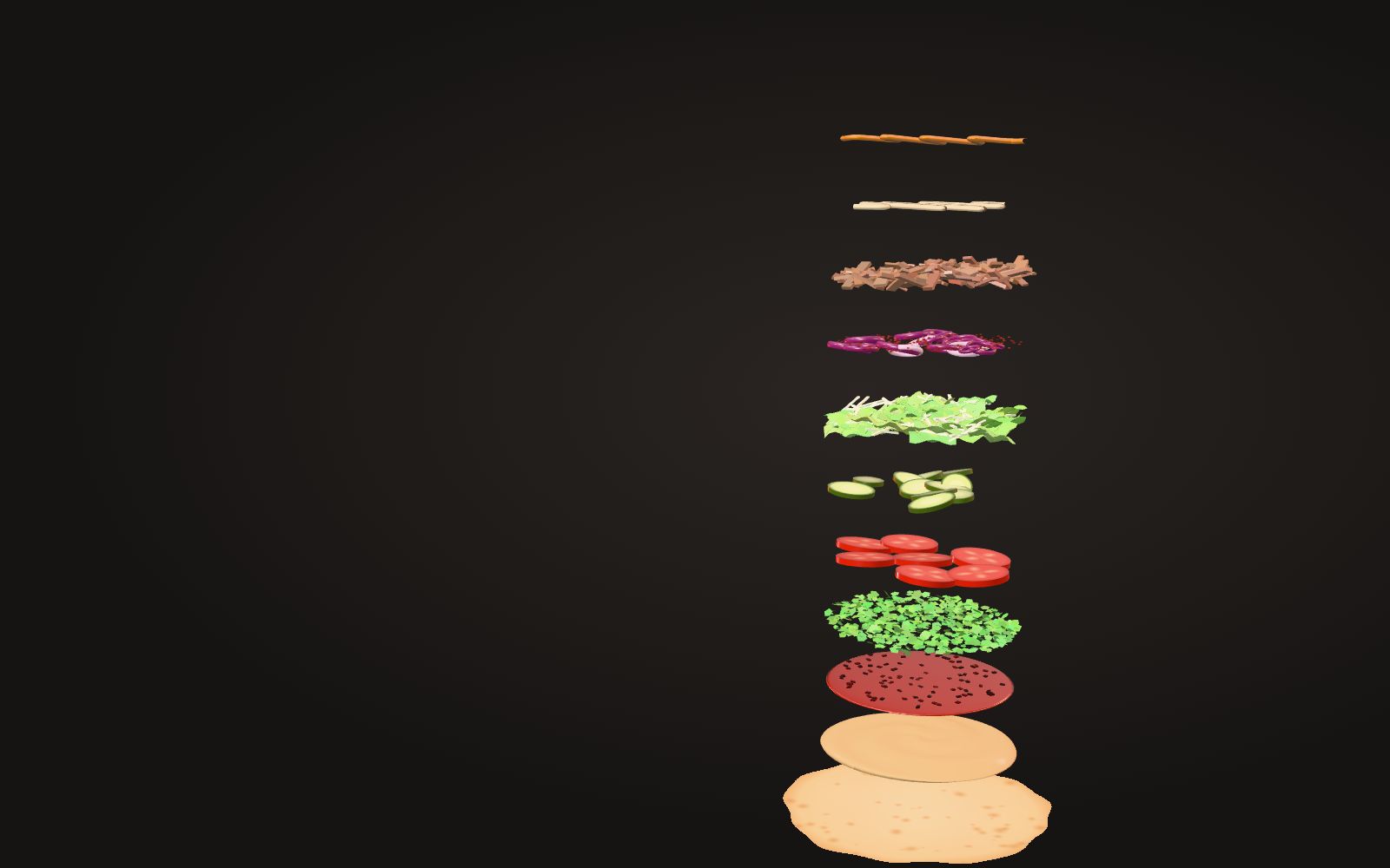 Eleven layers of a shawarma wrap floating apart in the dark: bread, hummus, chilli oil, parsley, tomato, pickles, salad, sumac onion, meat, tahini and amba