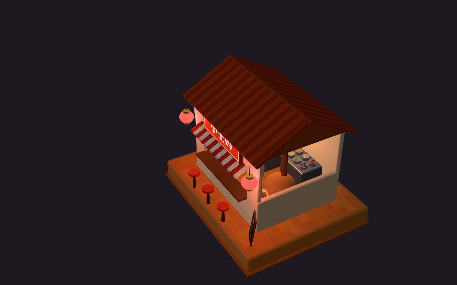 A small model of a street-food kitchen on a plinth: a hatch with a red awning, the 小王妈 sign, a vertical grill, a sauce station and a bread oven, with red lanterns lit at dusk